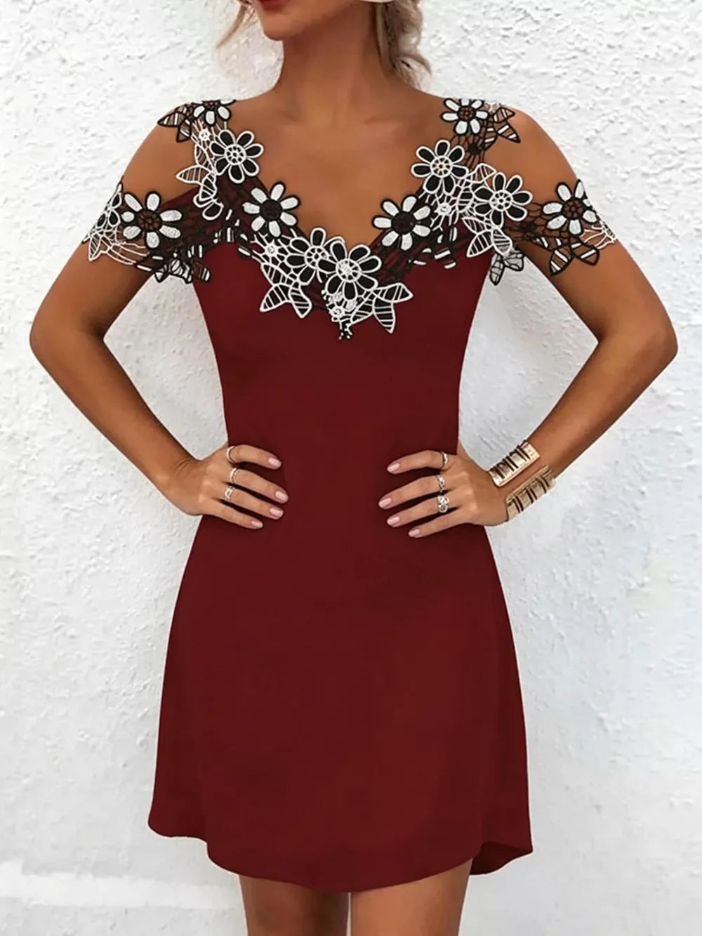 Lace Floral Trim Cold Shoulder Mini Dress in Black, editorial view