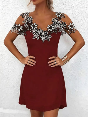Lace Floral Trim Cold Shoulder Mini Dress in Black, editorial view