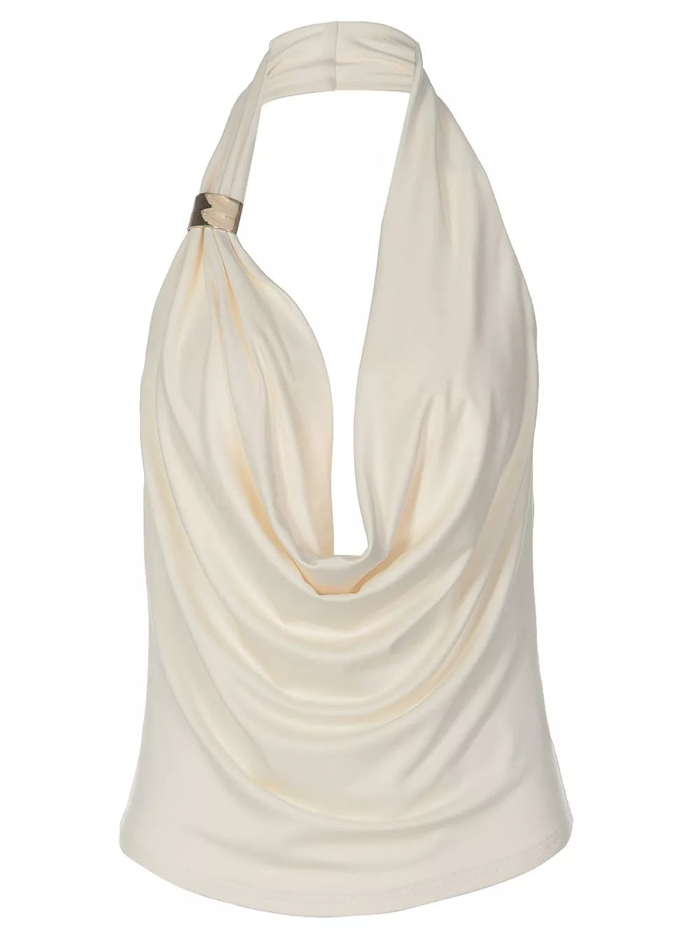 Apricot cowl neck ruched tank top with gold detail