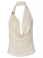 Apricot cowl neck ruched tank top with gold detail