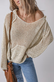 Beige open-knit V-neck hoodie pullover with front pocket and drawstring hood.