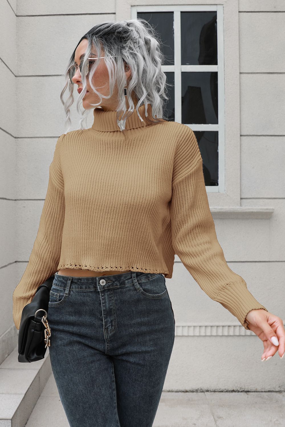 Camel ribbed turtleneck sweater with scalloped hem and long sleeves