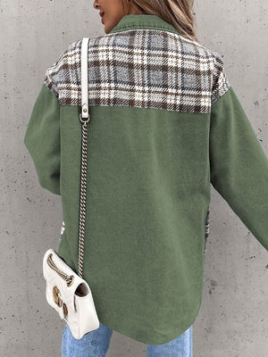 Panelled plaid denim hybrid jacket in green with plaid yoke detail.