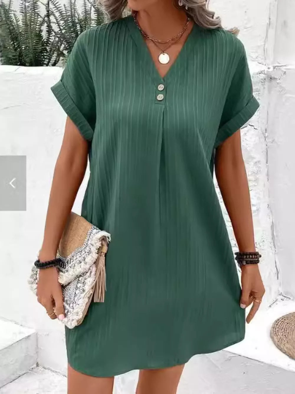 Full Size Casual V-neck Short Sleeve Dress in Silver, alternate angle
