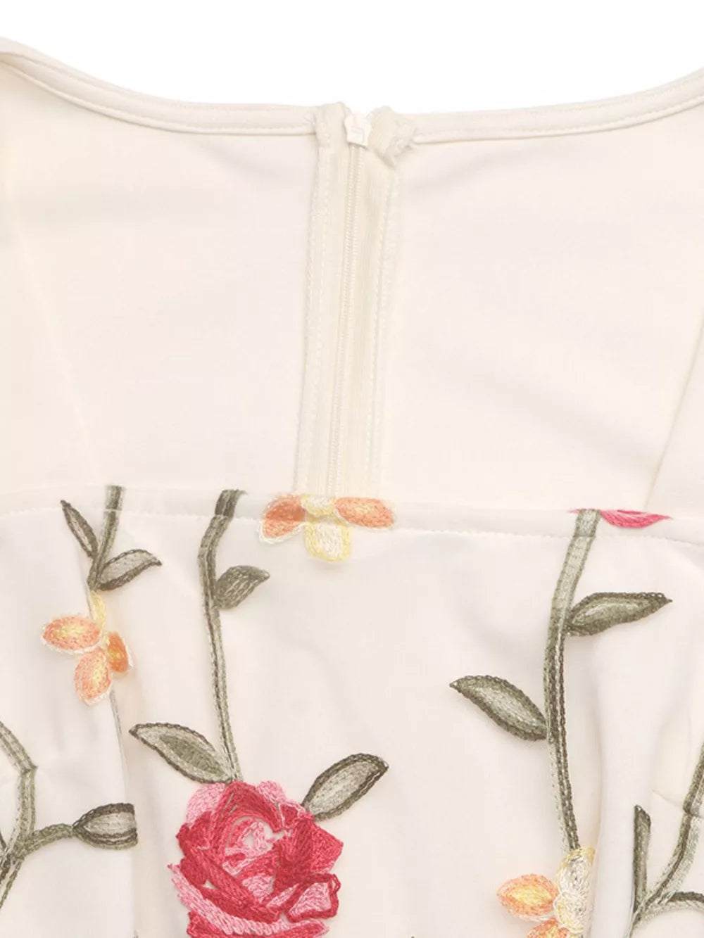 Beige floral embroidered ruffle jumpsuit with zipper detail