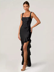 Black sequin ruffle maxi gown with square neckline and high slit