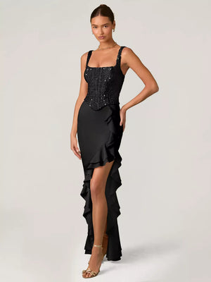 Black sequin ruffle maxi gown with square neckline and high slit