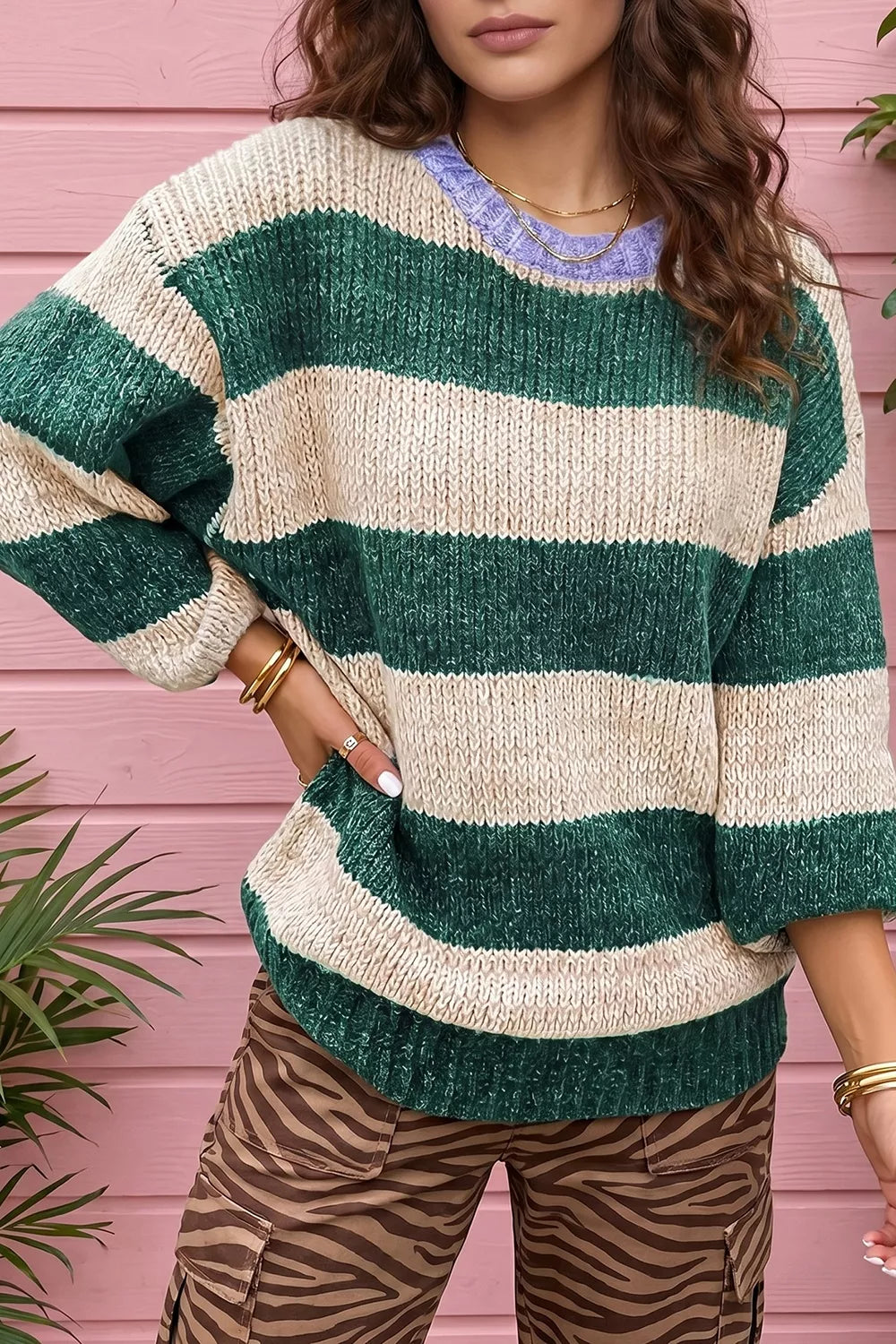 Striped Colorblock Drop Shoulder Pullover Sweater in Dark Green, front view