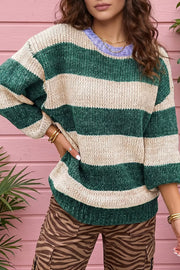 Striped Colorblock Drop Shoulder Pullover Sweater in Dark Green, front view