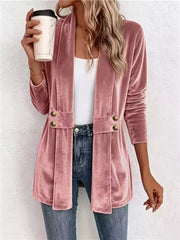 Elegant Velvet Open-front Cardigan in White, close-up detail