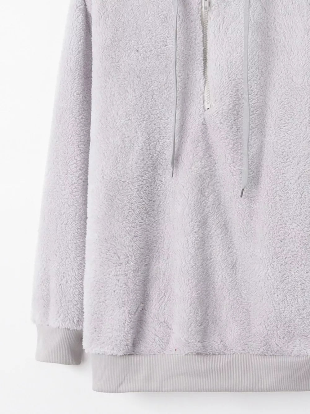 Light gray cozy fleece half-zip hoodie with drawstring and ribbed cuffs and hem.