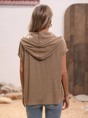 Relaxed mocha short sleeve hoodie with rolled cuffs and a hood.