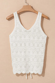 White crochet tank top with V-neck and ruched front detail.