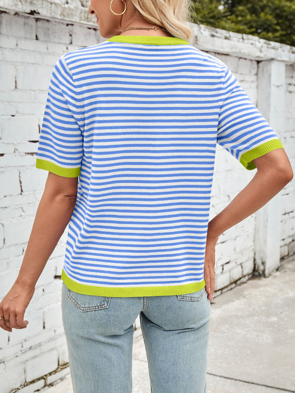 Nautical trim knit tee in sky blue and white stripes with lime green trim.