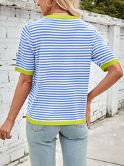 Nautical trim knit tee in sky blue and white stripes with lime green trim.