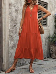 Orange-red tiered midi sundress with button detail and V-neck