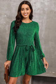 Green textured pleated mini dress with long sleeves and a tie waist.