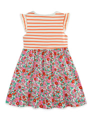 Baby dress with orange stripes on top and floral skirt, ruffle sleeves.