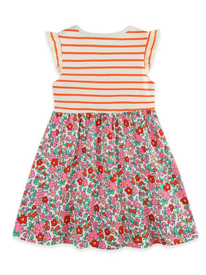Baby dress with orange stripes on top and floral skirt, ruffle sleeves.