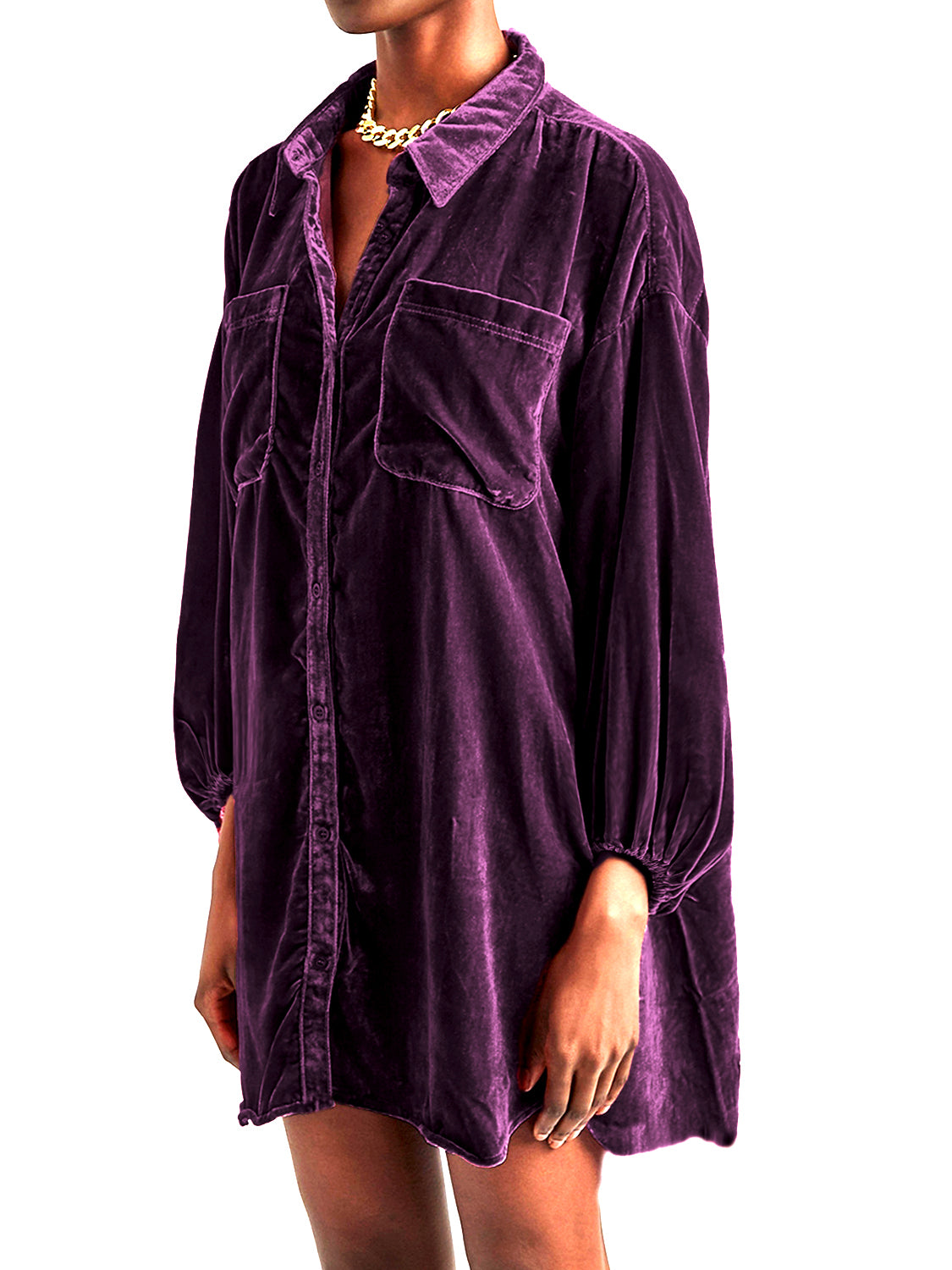 Velvet oversized shirt in deep purple with button front and chest pockets.