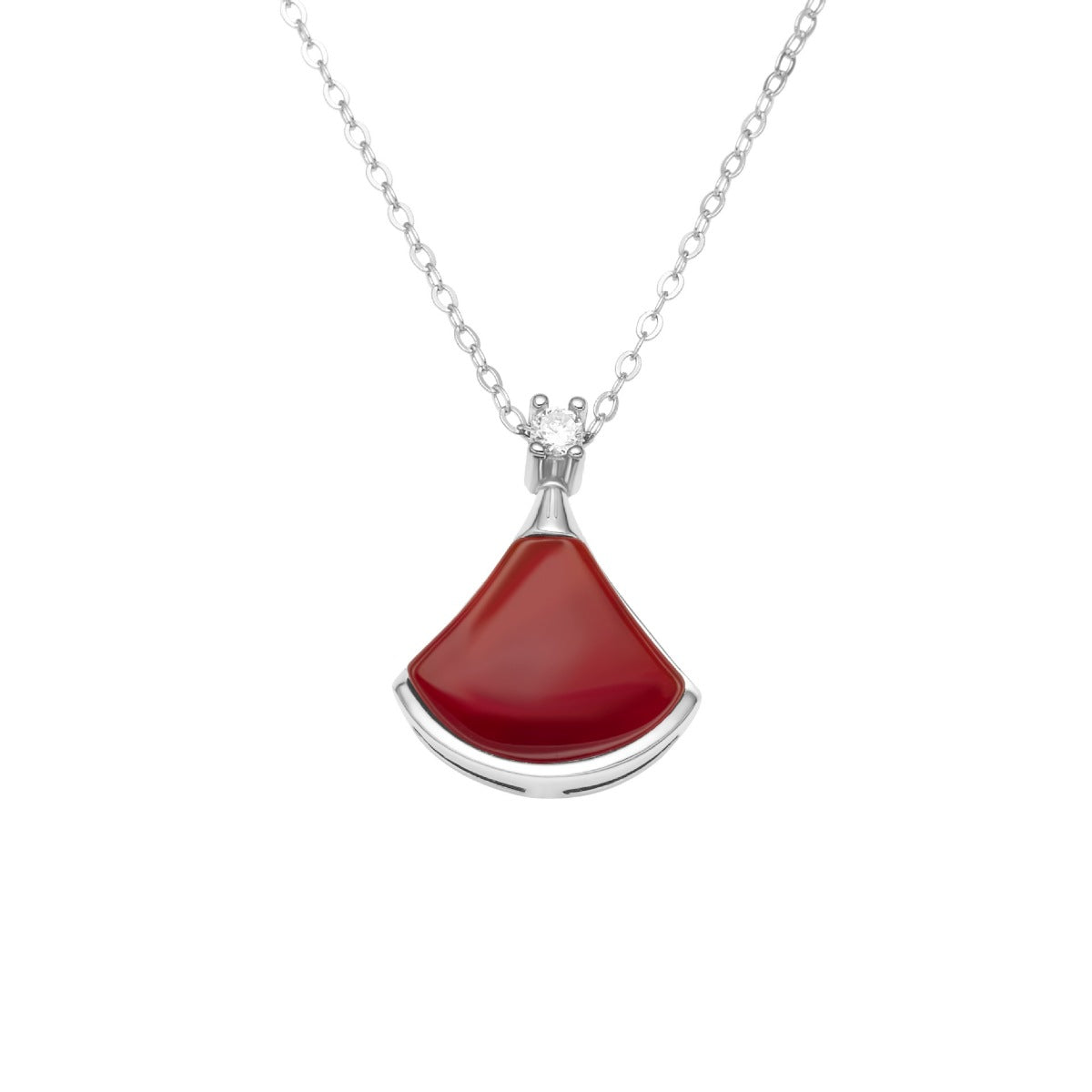 Elegant fan-shaped red agate pendant necklace with sterling silver chain and diamond accent.
