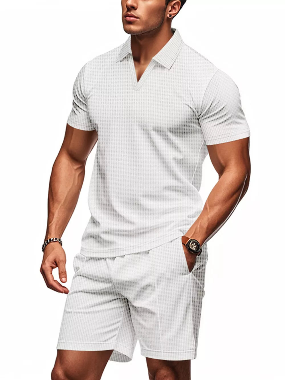 White textured polo shirt and shorts ensemble for men, short sleeves, v-neck collar.