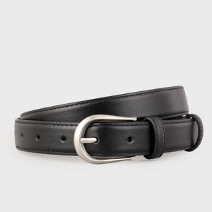 Black leather belt with silver buckle and stitched detail