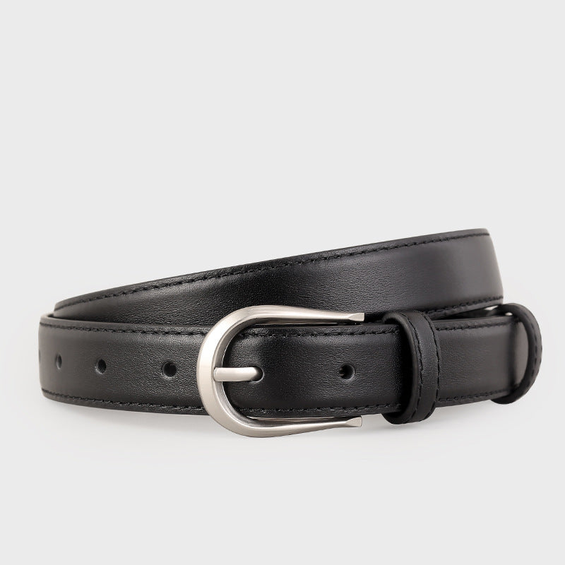 Black leather belt with silver buckle and stitched detail