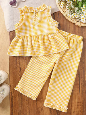 Yellow gingham baby set with ruffled neckline and hem pants.