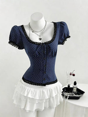 Polka Dot Lace Trim Puff Sleeve Top, fit detail