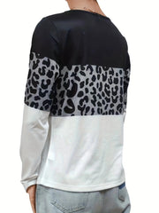 Long sleeve blocked top with leopard print detail in black, grey, and white.