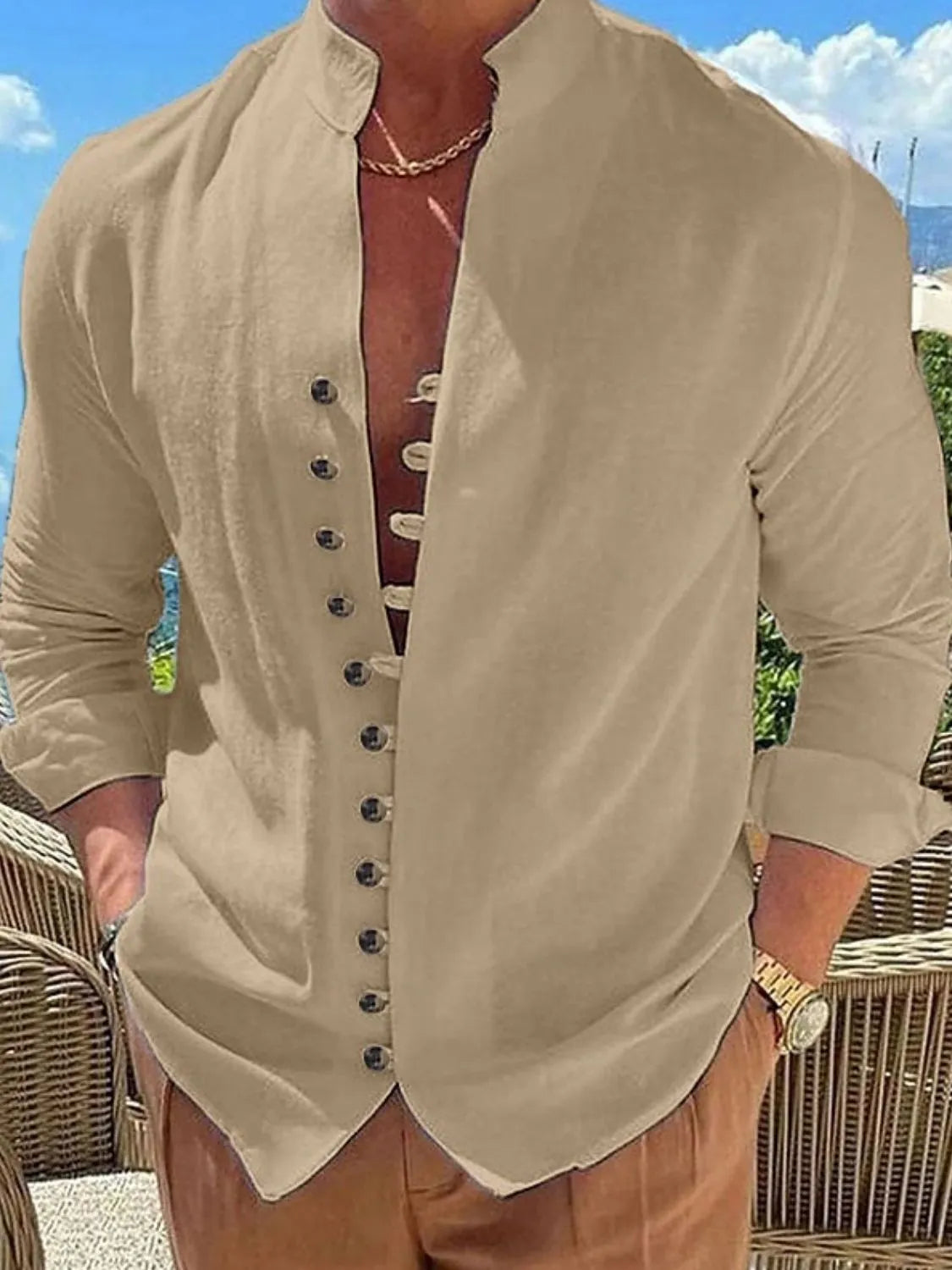 Khaki linen shirt with mandarin collar, button placket, and rolled sleeves.