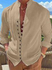 Khaki linen shirt with mandarin collar, button placket, and rolled sleeves.
