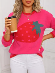 Rose red acrylic blend sweater with large strawberry graphic and crew neck.