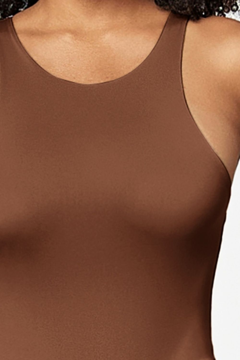 Brown sculpted tank bodysuit with high neck and racerback detail