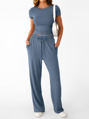 Blue round neck tee and relaxed drawstring pants set with pockets
