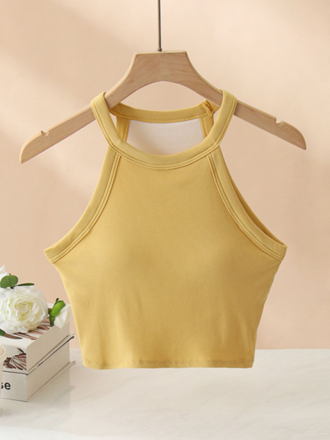 Ribbed halter crop top in Mustard with contrast stitching detail