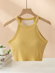 Ribbed halter crop top in Mustard with contrast stitching detail