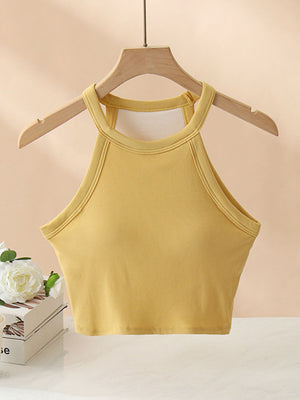 Ribbed halter crop top in Mustard with contrast stitching detail