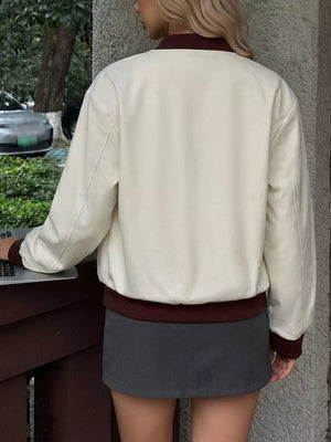 Contrast Trim Zip Up Jacket in White, back view