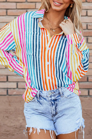 Rainbow stripe relaxed button-down shirt with a casual, chic vibe.