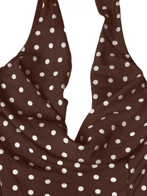 Brown polka dot mini dress with cowl neck detail