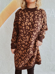 Leopard knit mini dress in brown with a crew neck and long sleeves.
