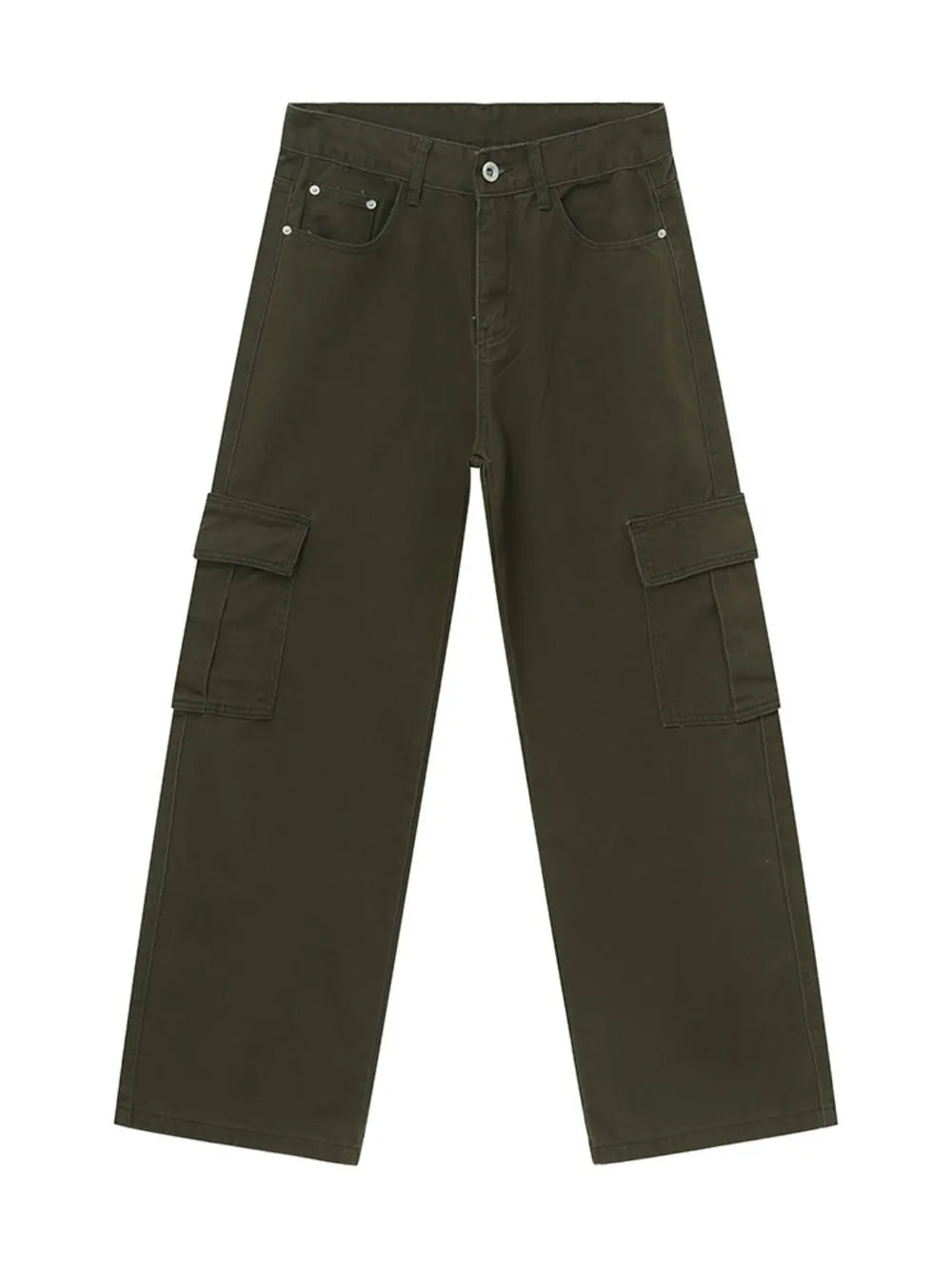 Oversized cargo denim trousers in Army Green with multiple pockets and a relaxed fit.
