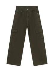 Oversized cargo denim trousers in Army Green with multiple pockets and a relaxed fit.