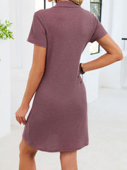 Polo collar short sleeve waffle knit dress in mauve pink, above-the-knee length.