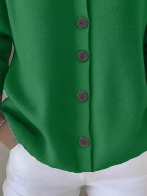 Green button-front knit cardigan with dark buttons, acrylic material.