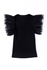 Black ribbed knit blouse with sheer dot mesh flutter sleeves.