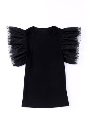 Black ribbed knit blouse with sheer dot mesh flutter sleeves.