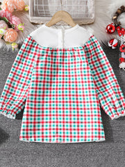 Baby girls' multicolor plaid dress with white ribbed top and button detail.